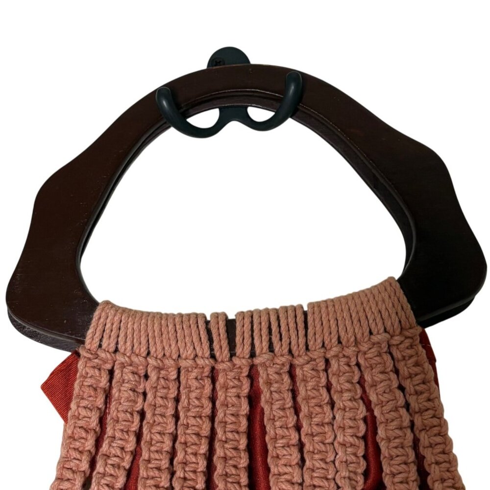 Vintage Macrame Handbag Boho Crochet Purse Wood Handle 70s Tote - Picture 4 of 9